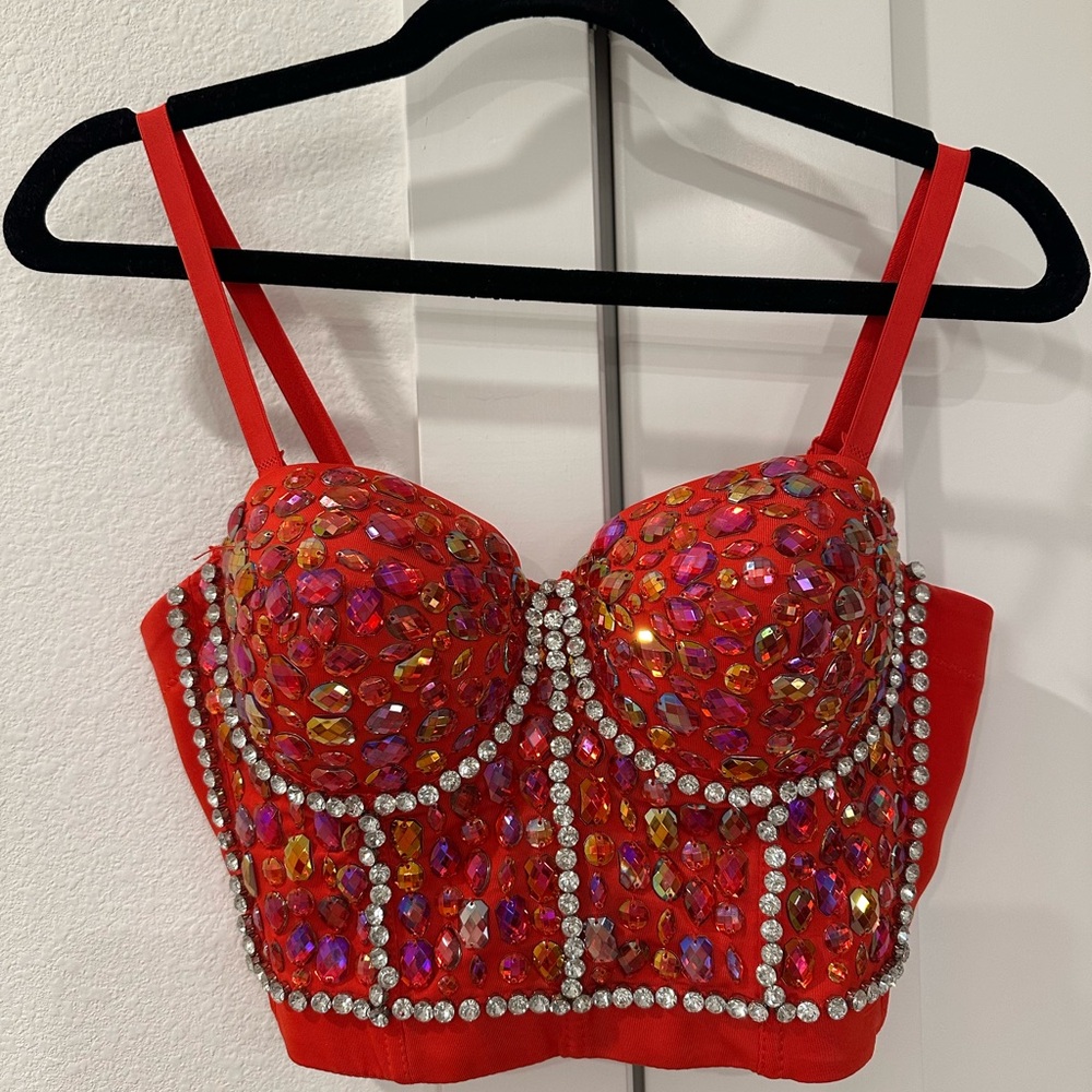 Red Bejeweled Bustier Top